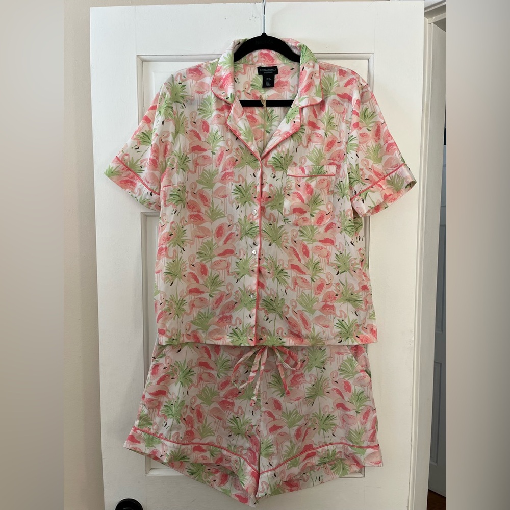 Cynthia Rowley Flamingo Palm Pajama Set Short Sleeve Shorts in Pink and Green